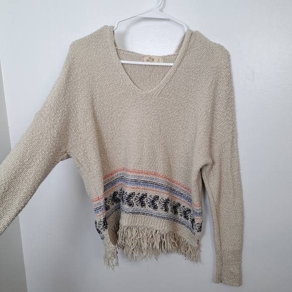 Hollister Cream Striped Fringe Boho Beachy Festival Hooded Pullover Sweater Sz S - Picture 3 of 8